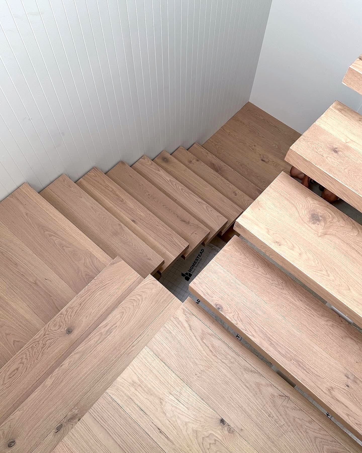 Close view of timber stair treads with open risers