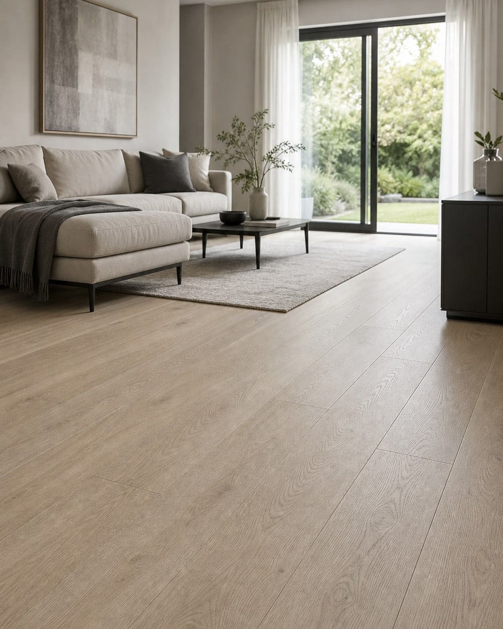 Crownwood Hybrid 8mm ABA flooring in a bright contemporary living area