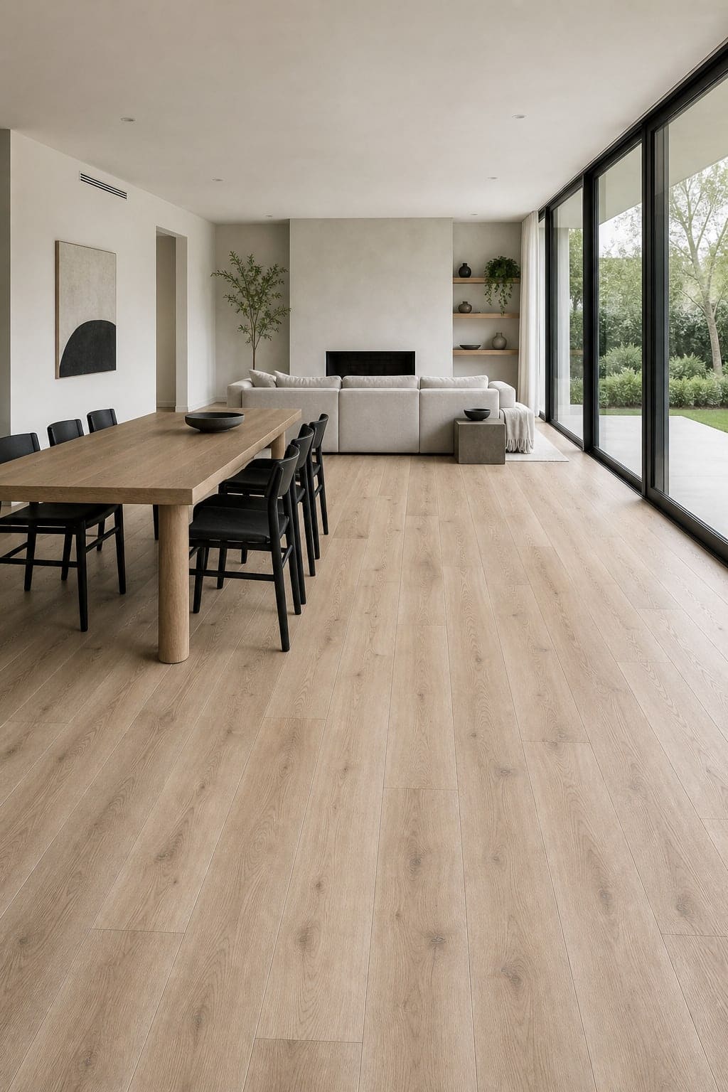 Pale hybrid flooring in a bright contemporary living space