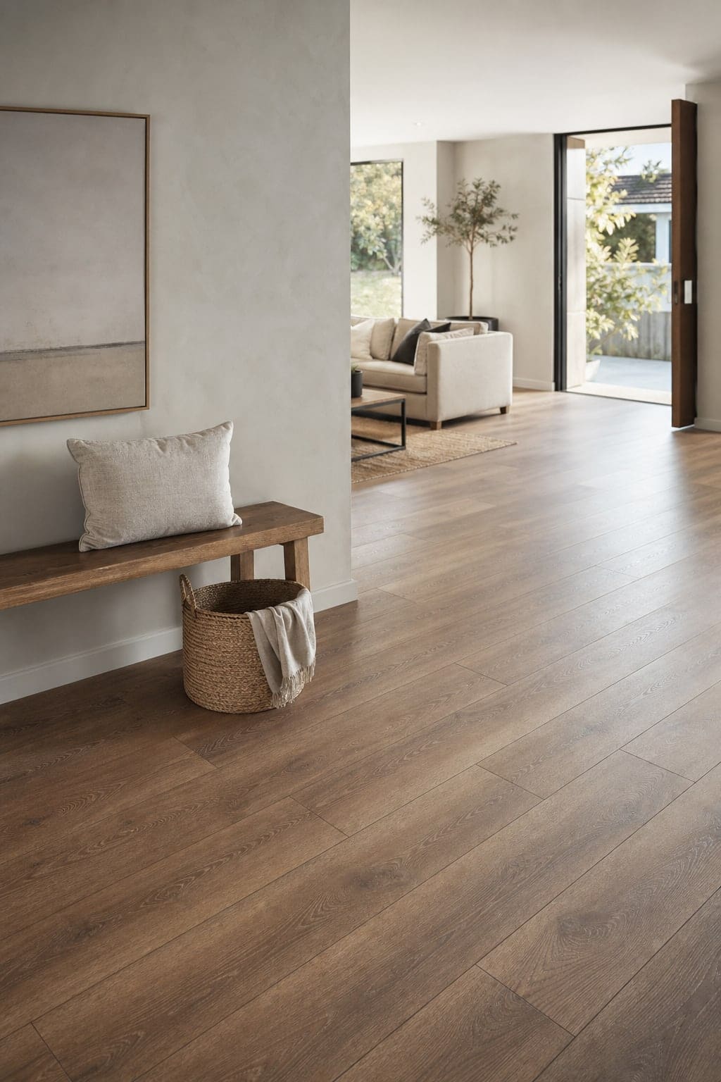 Timber-look laminate flooring in a bright open interior