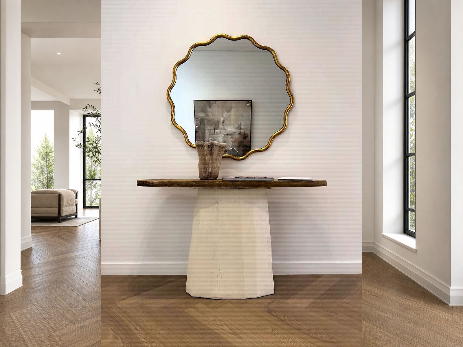 Entry console table beneath an arched mirror, herringbone oak flooring
