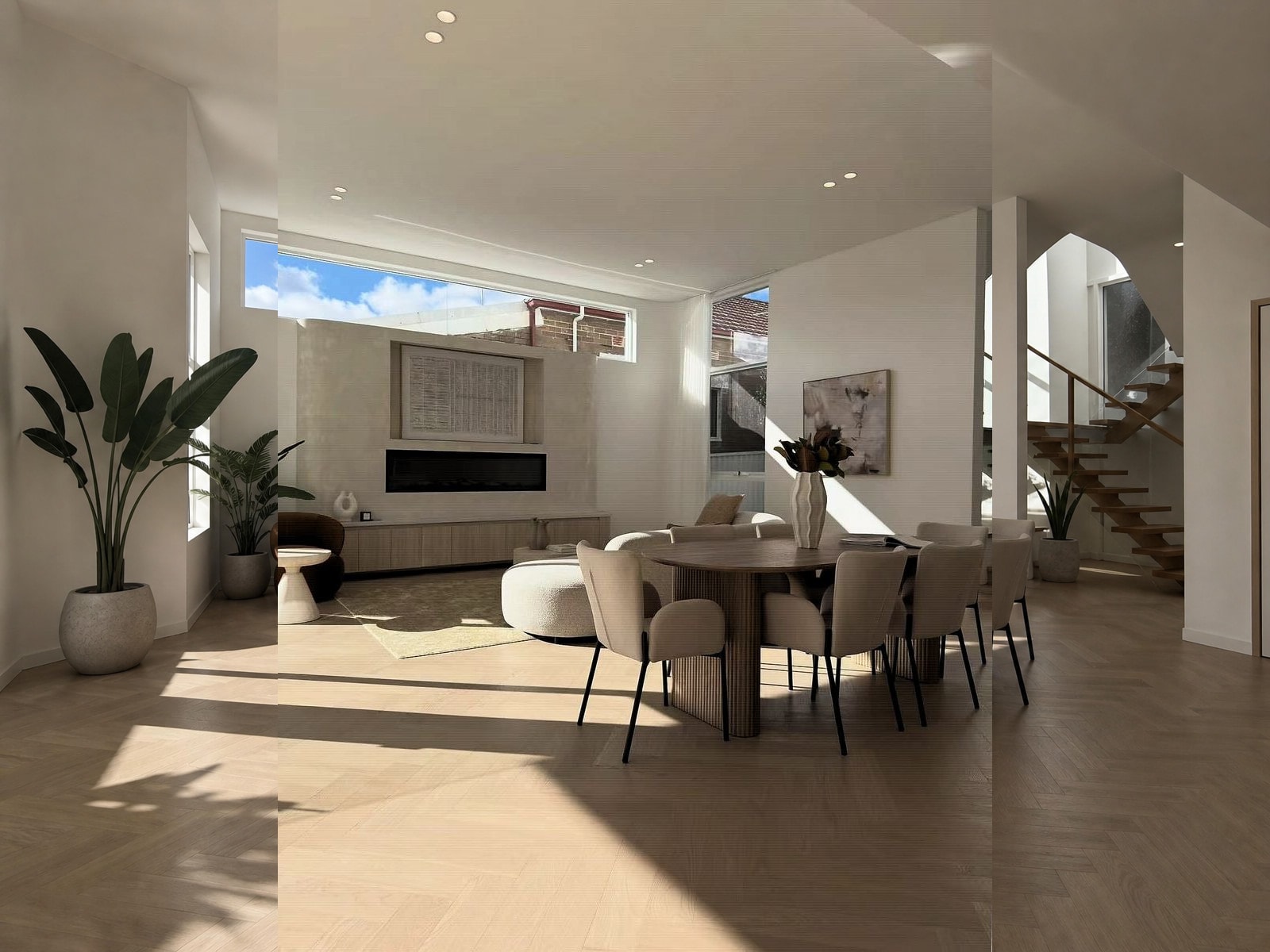 Sunlit living and dining area with herringbone oak flooring
